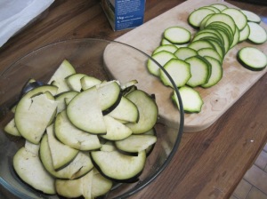 Sliced eggplant and zucchini...  so proud of my knife skills (for once)!